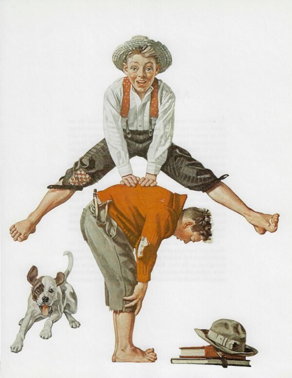 A Norman Rockwell illustrations of two boys playing leapfrog