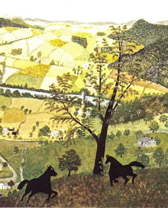 Grandma Moses “Black Horses” [1942] Vintage art book page 13 x 12″ Folk art / Primitive