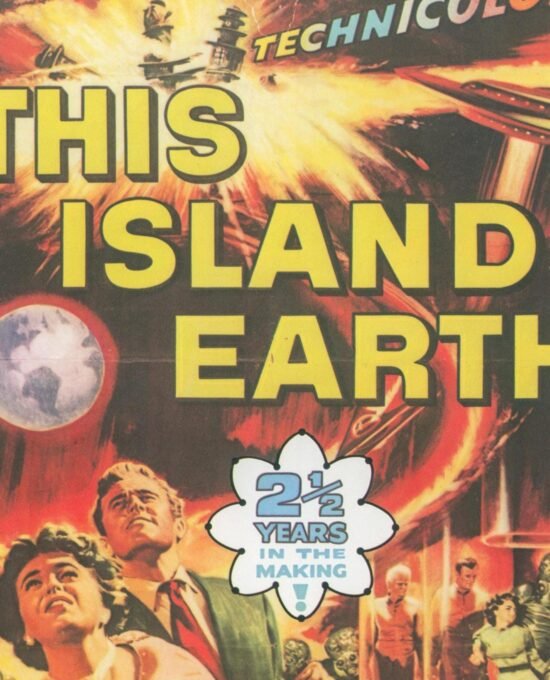 This Island Earth / World without End & The Man Who Turned to Stone Vintage two-sided book page of Movie Posters 10 x 14″